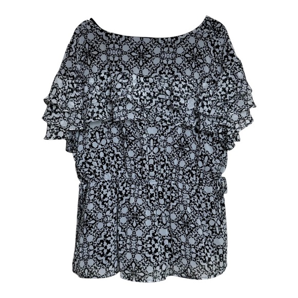 Lane Bryant Black & White Print Ruffle Sleeve V Neck Cinched‎ Blouse Top size 18 - Picture 3 of 8